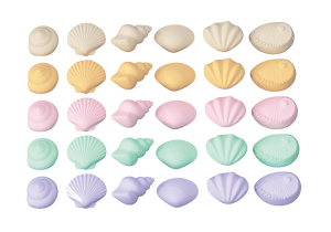 貝がらのデザインは6種類。バイガイ、シャコガイ、ナガラミ、アサリ、アワビ、ホタテ、30個